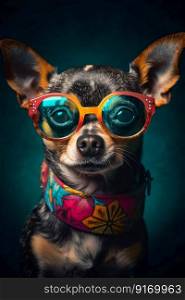 Chihuahua dog wearing sunglasses with colourful clothes. Generative AI. High quality illustration. Chihuahua dog wearing sunglasses with colourful clothes. Generative AI
