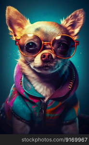 Chihuahua dog wearing sunglasses with colourful clothes. Generative AI. High quality illustration. Chihuahua dog wearing sunglasses with colourful clothes. Generative AI