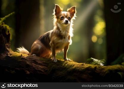 Chihuahua in the forest on a tree trunk