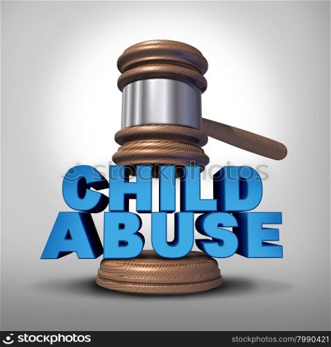 Child abuse concept and criminal abusive mistreatment of children symbol as a justice judge gavel or mallet coming down on the words that represent the criminal act of neglect and violence on kids.
