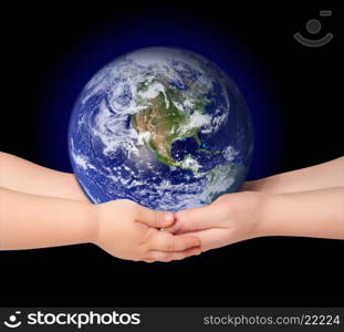 Child and woman holds earth globe on black