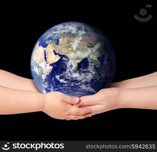 Child and woman holds earth globe on black
