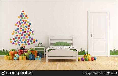 Child bedroom with christmas tree. Child bedroom with christmas tree and colorful gift box - 3d rendering
