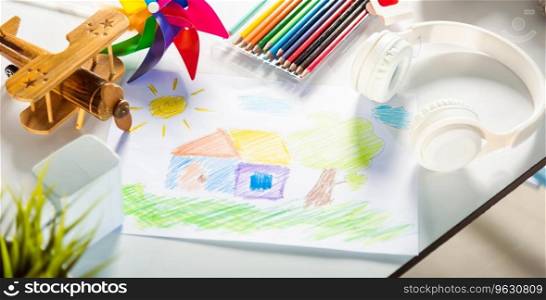 Child colorful drawing landscape my home dream on white paper, kid preschooler draw country house picture with pencil on table, arts homework concept
