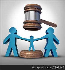 Child custody battle as a family law concept during a legal separation or divorce dispute as a father mother icon holding a child with a judge gavel or mallet coming down as a justice symbol for parenting rights.