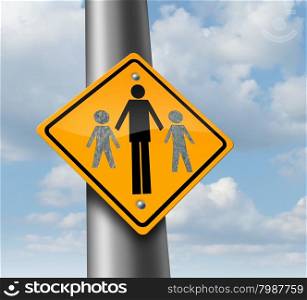 Child custody loss concept as a traffic sign with a father and two of his missing children as a family law symbol of social issues caused by divorce and separation.