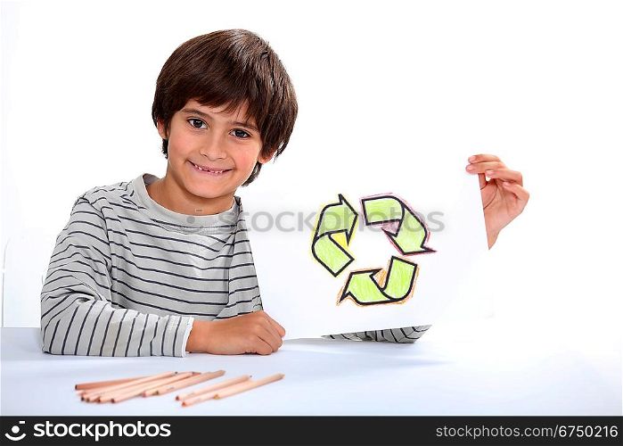 Child drawing recycling symbol