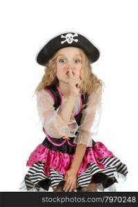 Child Dressed as Pirate. Girl in Fun Poses on White Background.