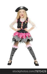 Child Dressed as Pirate. Girl in Fun Poses on White Background.