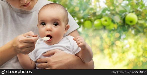 child, eating and food concept - close up of mother with spoon feeding little baby over green apples in summer garden background. close up of mother with spoon feeding little baby