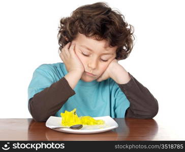 child eating boring food a over white background