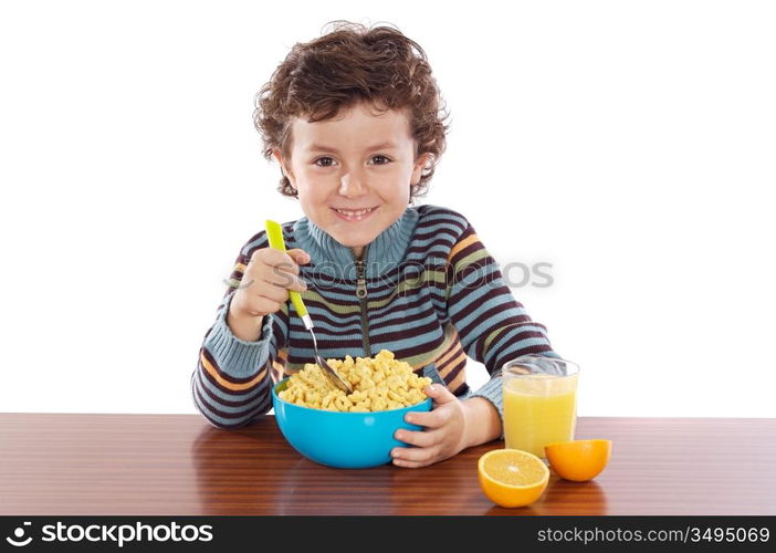 Child eating breakfast a over white background