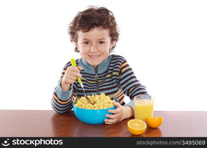 Child eating breakfast a over white background