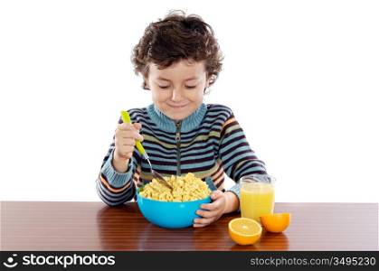 Child eating breakfast a over white background