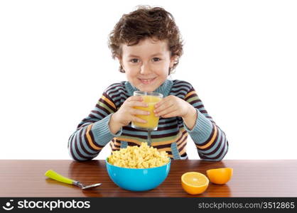 Child eating breakfast a over white background