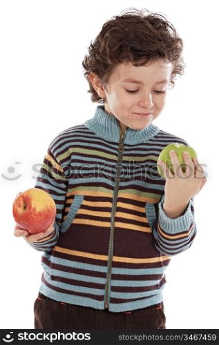 Child eating two apples a over white background