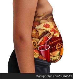 Child eating unhealthy diet as a side view of a fat kid with the stomach made from junk food as soda burgers and french fries as a youth medical nutrition issue with 3D illustration elements.