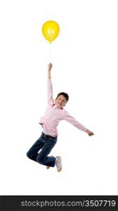 Child flying with yellow balloon inflated isolated on white background