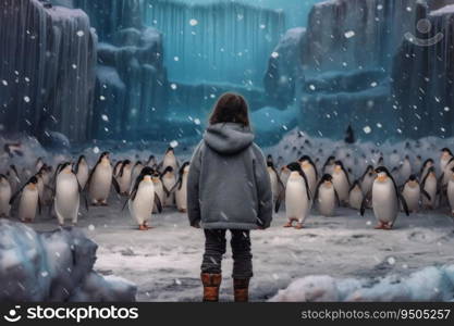 Child girl glacier winter penguins. Nature travel. Generate Ai. Child girl glacier winter penguins. Generate Ai