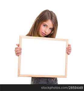 child girl with white frame copy space white blackboard blue eyes to camera