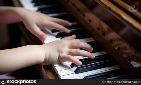 child hands learning to play the piano, music school generative ai.
