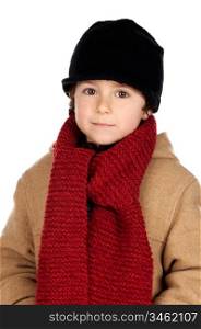Child handsome very warm with hat and scarf wool on a white background