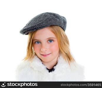 child happy blond kid girl portrait winter cap smiling happy on white