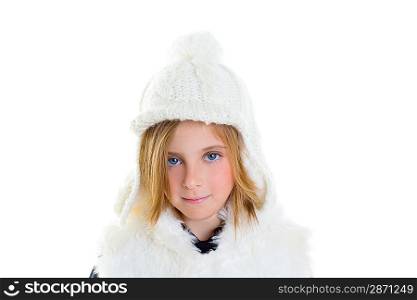 child happy blond kid girl portrait winter wool white cap smiling happy