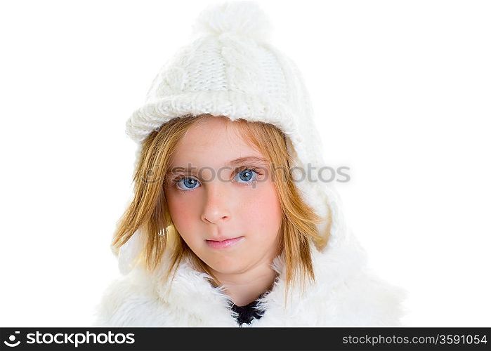 child happy blond kid girl portrait winter wool white cap smiling happy