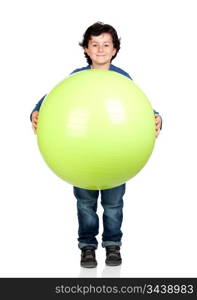 Child holding a pilates ball isolated on a over white background