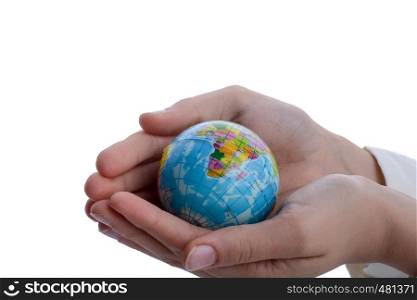 Child holding a small globe in hand on white background