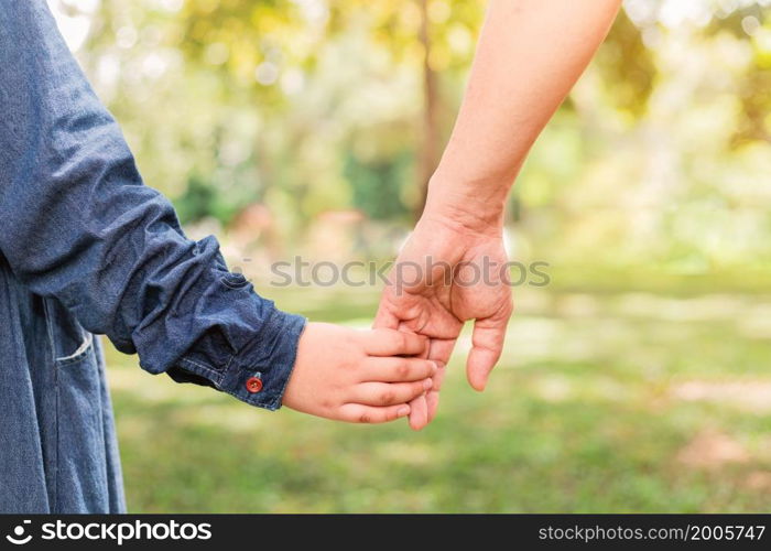 Child holding father&rsquo;s hand walking in the park