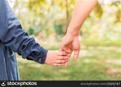 Child holding father&rsquo;s hand walking in the park