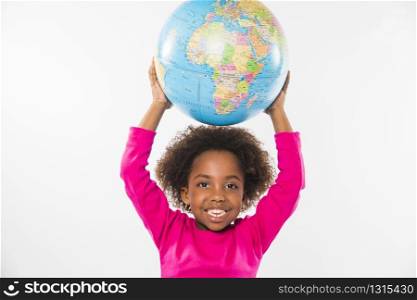 child holding globe head studio