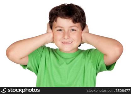 Child holding his hands against his ears a over white background