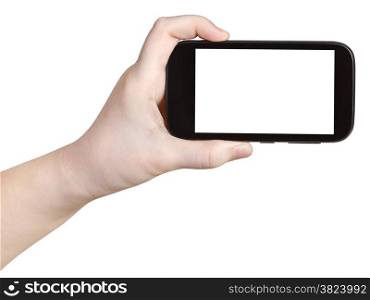 child holding smart phone with cut out screen isolated on white background