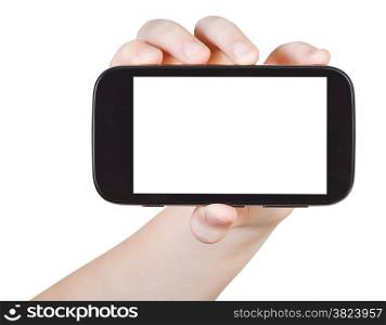 child holds smart phone with cut out screen isolated on white background