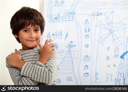 Child in front of blackboard drawings