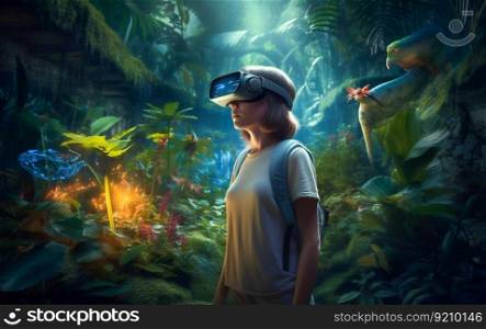 Child in Virtual Reality Glasses Transports to a Fantasy Alien Landscape with Exotic Flora and Fauna. Generative ai. High quality illustration. Child in Virtual Reality Glasses Transports to a Fantasy Alien Landscape with Exotic Flora and Fauna. Generative ai