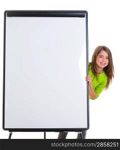child kid happy girl with blank flip chart white copy space smiling