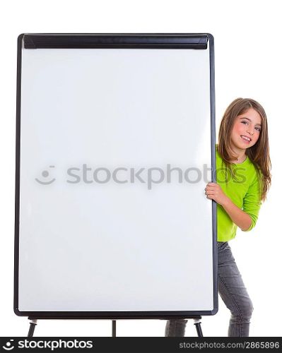 child kid happy girl with blank flip chart white copy space smiling