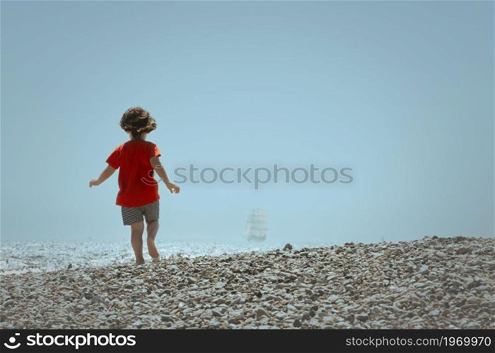 Child looks on ship arrival is at seashore, faded colors