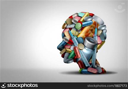 Child medication and pediatric medicine concept representing a preschooler kid being overprescribed prescription drugs as pills in a pile shaped as a children icon as a 3D render.