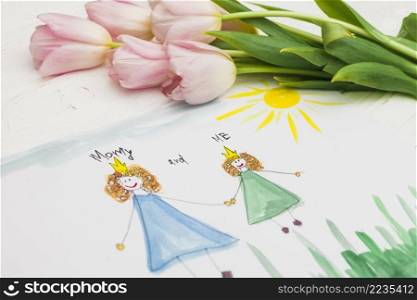 child mother drawing flowers table