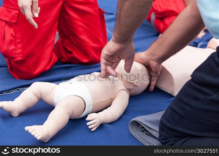Child or baby first aid training. Cardiopulmonary resuscitation - CPR.