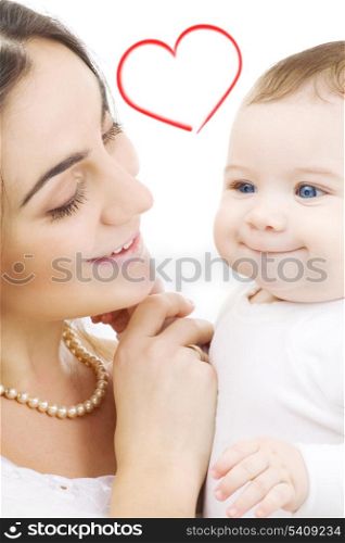 child, parenthood and happiness concept - happy mother with baby over white