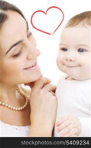 child, parenthood and happiness concept - happy mother with baby over white