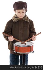 Child playing the drum a over white background
