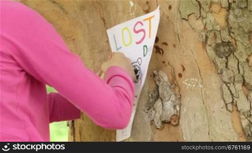 Child posting missing pet poster on tree trunk close-up