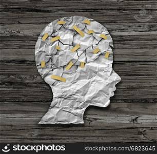 Child psychology and psychiatric therapy for children concept as broken crumpled paper taped together as an education support and medical or counselling treatment metaphor in a 3D illustration style.